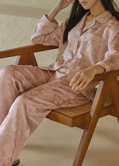 JULYS SONG Stain Silk Pajama Set For Women Jacquard Long Sleeves
